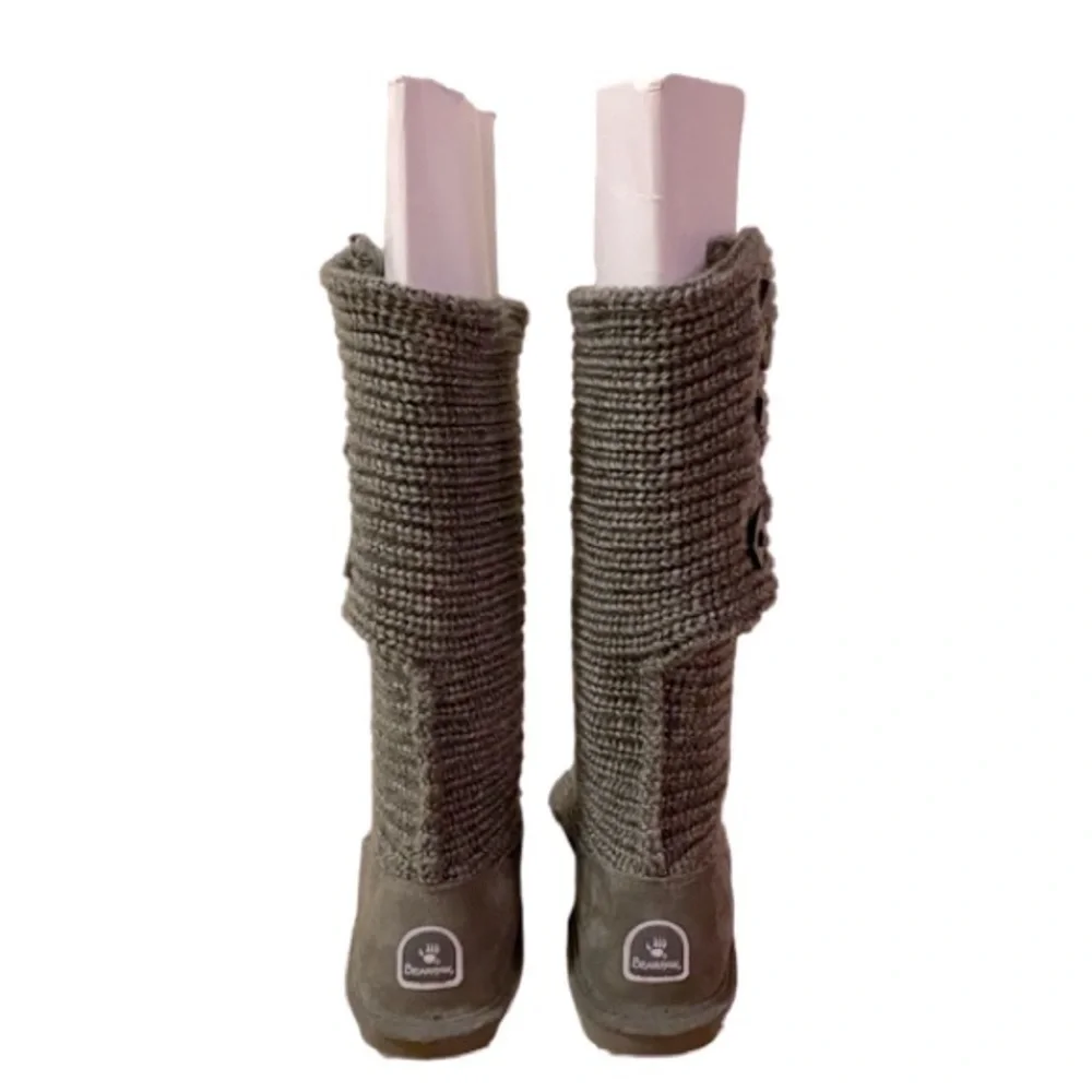 BearPaw Knit Tall Gray Boots Fold Over Pull On Cozy Size 6